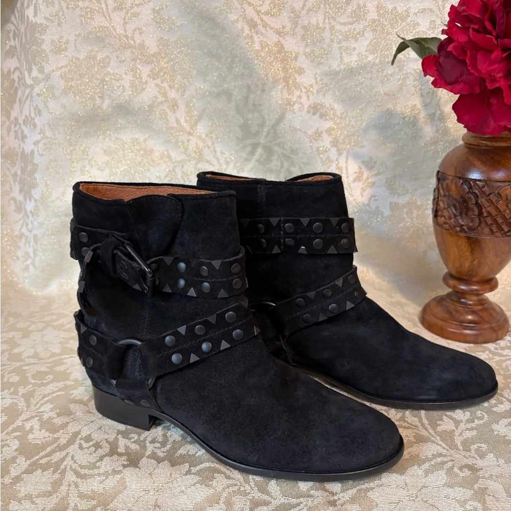 FRYE Black Suede “Carly” Engineer Ankle Boots